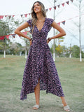 Shopmocho New Style Elegant Long Dress Women's Short-sleeved V-neck Bohemian Strappy Holiday Dress