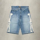SHOPMOCHO Y2K Baggy Denim Jorts White Tribal Embroidery Wide Leg Jean Shorts Gothic Hip Hop Streetwear