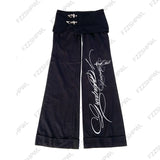 SHOPMOCHO 2026 High Street Gothic Y2K Womens Vertical Stripe Flare Pants Fold Over Cursive Script Print Cuffed Hem Alt Streetwear Trousers