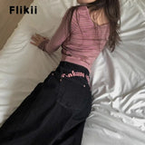 SHOPMOCHO Women's Sweet Casual Full Length Baggy Denim Trouser Retro Emo Harajuku Loose Jeans Letter Embroidery High Waist Y2K 2000s Pants