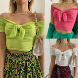 SHOPMOCHO Sexy Off Shoulder Twist Bow Bare Midriff Short T Shirt Women Short Sleeves Bottoming Shirt Ladies Tee Shirt Tops Camisetas Mujer
