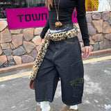 Shopmocho New Y2k European and American Hip-hop Leopard Print Patchwork Jeans for Women Large Pocket Straight Wide Leg Loose Cropped Pants
