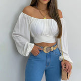 SHOPMOCHO Off Shoulder Shirts Puff Long Sleeve Y2K Crop Tops Summer Clothes Women 2026 Black White Blouse Bandage Elegant Sexy Women Shirt