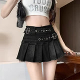 SHOPMOCHO Y2k Vintage Streetwear Sexy Denim Skirts Women American Belt Buckle High Waist Pleated Skirt Hottie All-match Short Skirt Summer