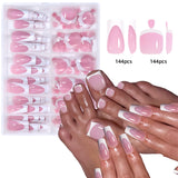 SHOPMOCHO 144pcs French hand and foot wear nail set summer short square shiny false toenail acrylic full coverage suitable for nail salon