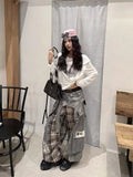 SHOPMOCHO American Street Plaid Patchwork Gray Jeans for Women 2026 Loose Straight Wide Leg Pants Y2k High Waist Women's Clothing