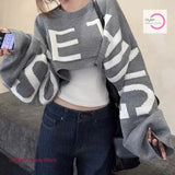 SHOPMOCHO Korean style oversize sleeve letter jacquard sweater women's autumn and winter new fashion stacked loose slim casual blouse.