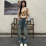 Shopmocho American Vintage Hole Y2k Women Jeans High Waist Jeans Wide Leg Baggy Loose Straight Hip Hop Streetwear Dragging Denim Pants