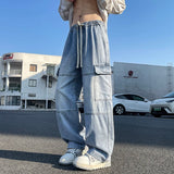SHOPMOCHO 2025 new men's cement grey work jeans Y2K street hip-hop large pocket wide-leg straight jeans trousers jogging black light blue