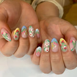 Shopmocho 24pcs Cute Cartoon Fake Nail Tips Oil Painting Series Printed Almond Press On Nail Sweet Cool Charming False Nail For Spicy Girl