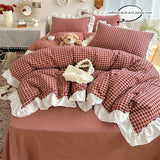SHOPMOCHO 3pcs red,black plaid Duvet Cover Set (1*Duvet Cover + 2*Pillowcase, Without Core), Lace embroidery Bedding Set