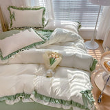 SHOPMOCHO Spring Green Princess Bedding Set Double Layer Lace Bow Quilt Cover Sheet And Pillowcase Simple Pastoral Girl Home Textiles