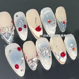 Shopmocho 10Pcs Handmade Press on Nails French Almond Full Cover Cherries and Bow Design Fake Nails Sweet Cute Manicure Nail For Women