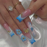 Shopmocho 24Pcs Brown Long Coffin False Nails Glitter Ballet Wearable with French Design Fake nails Full Press on Nail Ins Nail Tips Art