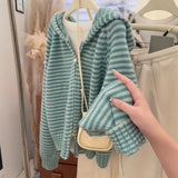 SHOPMOCHO Korean Style Green Knitted Cardigans for Women Casual Loose Knit Hooded Zipper Coats Autumn Winter Warm Sweater Jackets Tops