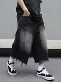 SHOPMOCHO Men's Loose Ripped Denim Jeans 7 Point Calf Length Wide Leg Trousers Distressed Holes Frayed Hem Streetwear Casual Pants