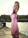 Shopmocho Weird Puss Backless Maxi Dress Women Shoulder Pads Long Sleeve Waistless Peach Buttocks Ruched Elegant Banquet Skinny Vestidos