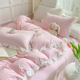 Shopmocho Korean Princess Style Duvet Cover Set No Filling Pink Blue Soft Washed Cotton Girls Favorite Ruffles Bed Linen Pillowcases