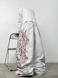 SHOPMOCHO Unisex White Red Tribal Flame Print Loose Wide Leg Jeans Y2K Grunge Streetwear Oversized Denim Pants