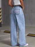 SHOPMOCHO Women's Back Pocket Bow Embroidered Fashionable Wide Leg Pants Versatile Washed Denim Trousers
