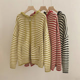 SHOPMOCHO Contrast Color Stripe Hood Knit Cardigan Women Autumn and Winter New Loose Design Sense Long Sleeve Cardigan Sweater Outerwear