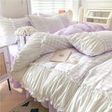 Shopmocho Korean Style Princess Bedding Set Luxury Pink Lattice Duvet Cover Ruffles Lace Bedspread Bed Sheet Pillowcases