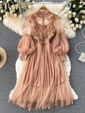 Shopmocho Ladies Dress Three-dimensional Flower Hook Mesh Temperament Stand Collar Lantern Sleeve High Waist Slim Female Dresses