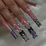 Shopmocho 24Pcs Long Coffin Leopard Print False Nails with Glue Sweet Cool Diamond Fake Nail Set Floral French Press on Wearable Nail Tips