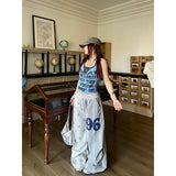 SHOPMOCHO  Women Gray Star Stamp Baggy Wide Leg Sweatpants American Embroidery Pants Harajuku 2000s Style Vintage Y2k Dance Trouse