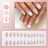 Shopmocho 24Pcs Gold Ripple Brown Flowers False Nails with Rhinestones Pearl Design Wearable Almond False Nails Full Cover Press on Nails