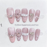 SHOPMOCHO 10pcs Purple Cat's Eye Handmade Fake Nails Tips Glitter Mid-length Oval Press on Nails Art Bow Rhinestone Design False Nail Sets