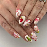 Shopmocho 24pcs Sweet Letter Press On Nails Cute Cherry Bowknots Ladybug Strawberry Decor False Nails Blush Pink Almond Fake Nail For Girl