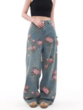 SHOPMOCHO 2025 Ropa Y2K Fashion Peach Blossom Printed Baggy Jeans Pants For Women Clothing Wide Leg Casual Lady Trousers Pantalon Femme