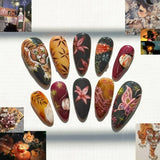 SHOPMOCHO 24pcs Flower Print Press on Nails Wine Red Blush Almond False Nail Tips Wearable Reusable Summer Spicy Girl Fake Nails
