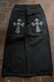 SHOPMOCHO Men Gothic Cross Print Black Denim Baggy Pants Mid Waist Big Pocket Design Loose Fit Hip Hop Streetwear Jeans for Daily Casual
