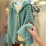 SHOPMOCHO Korean Style Green Knitted Cardigans for Women Casual Loose Knit Hooded Zipper Coats Autumn Winter Warm Sweater Jackets Tops