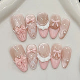 SHOPMOCHO 10pcs Purple Cat's Eye Handmade Fake Nails Tips Glitter Mid-length Oval Press on Nails Art Bow Rhinestone Design False Nail Sets