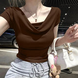 SHOPMOCHO Summer Thread Solid Color Beach Fashion Versatile Women's Short Sleeved T-shirt Casual Lightweight Breathable Sexy Women's Top