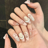SHOPMOCHO 10pcs Handmade Press on Nails French Cat Eye Pink Bow Decor Korean False Nails Wearable Full Cover Ins Almond False Nail Tips