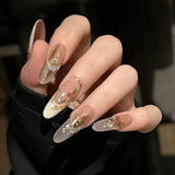 SHOPMOCHO 10Pcs Fashion Gentle Handwork Press On Nails French Style Flowers Butterfly Rhinestone Pearl Design Detachable False Nails Gift