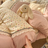 SHOPMOCHO 2026 Korean Princess Style Bedding Sets Lace Grid Floral Quilt Cover Bedclothes Decor Woman Girls Bedroom Duvet Cover 4pcs