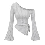SHOPMOCHO women's New off shoulder cross long sleeved slim fit casual street style asymmetrical elegant T-shirt trumpet sleeve top