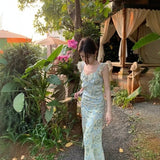 SHOPMOCHO-Mint Wave Style Floral Print Dress Tea Break Small Fly Sleeve Long Skirt Spring Summer French Style Slimming Elegant Gown