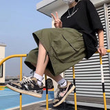 SHOPMOCHO Khaki 7-point Men Summer Thin Japanese Workwear Wide-leg Loose Over-knee Shorts