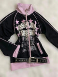 SHOPMOCHO Retro Y2K American Spice Girl Coat Leopard Print Powder Black Contrast Stitching Skull Letter printed Hooded Sweater