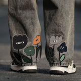 Shopmocho New Men's Y2K Flower Printed Baggy Jeans 2025 Streetwear American Casual Denim Wide-leg Pants Hombre Vintage Straight Trousers