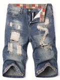 SHOPMOCHO Men's denim shorts with summer frayed elastic men's casual pants slim-fit European-style shorts tight and worn-out men's pants