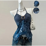 SHOPMOCHO Pink Sexy Spicy Girl Neck Hanging Strap Vest Women's Printed Mesh Splice Slim Fit Bared Chest Top Elegant Commute Style 2026