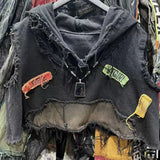 SHOPMOCHO American retro old wash jeans vest women's fashion high-end stitching hole design short sleeveless hooded patch coat jacket.
