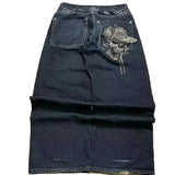 SHOPMOCHO Street Fashion Trend Skull Embroidered Jeans Women Harajuku Y2K New Hip Hop Joker Straight Wide-leg Pants Couple Casual Jeans